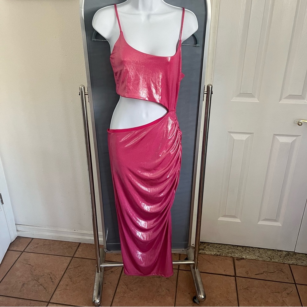 Forever 21 Hot Pink Metallic Silver Cutout Ruched Midi Dress Large New NWT Party